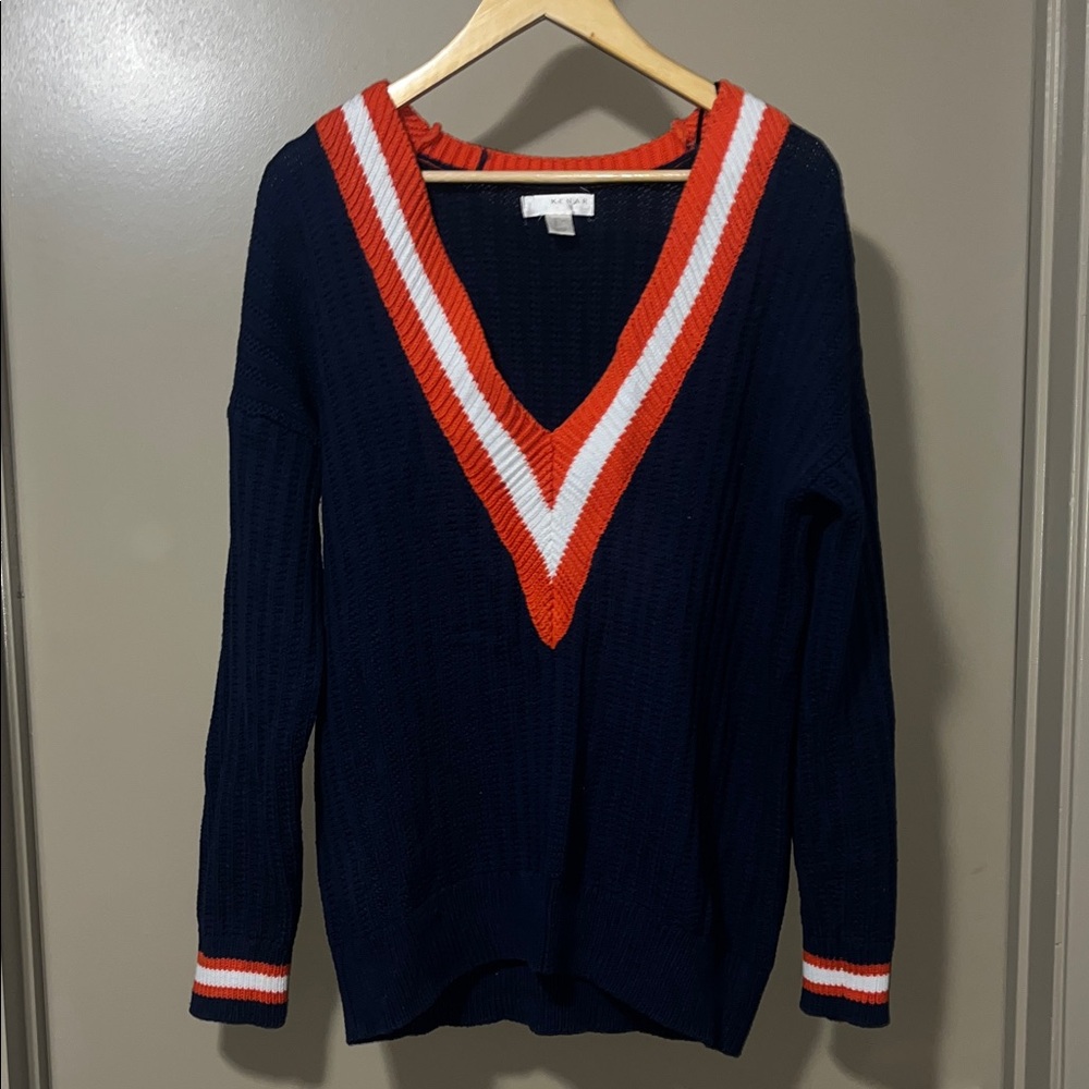 Kenar Navy V-Neck Sweater with Orange & White Trim